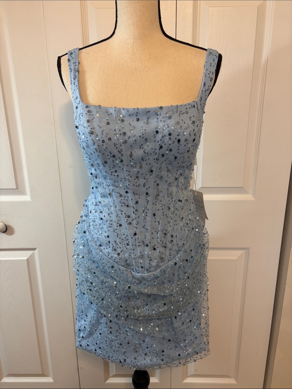 NWT Baby Blue Sequin Corset Mini Dress w/ Lace Back | Size 10.